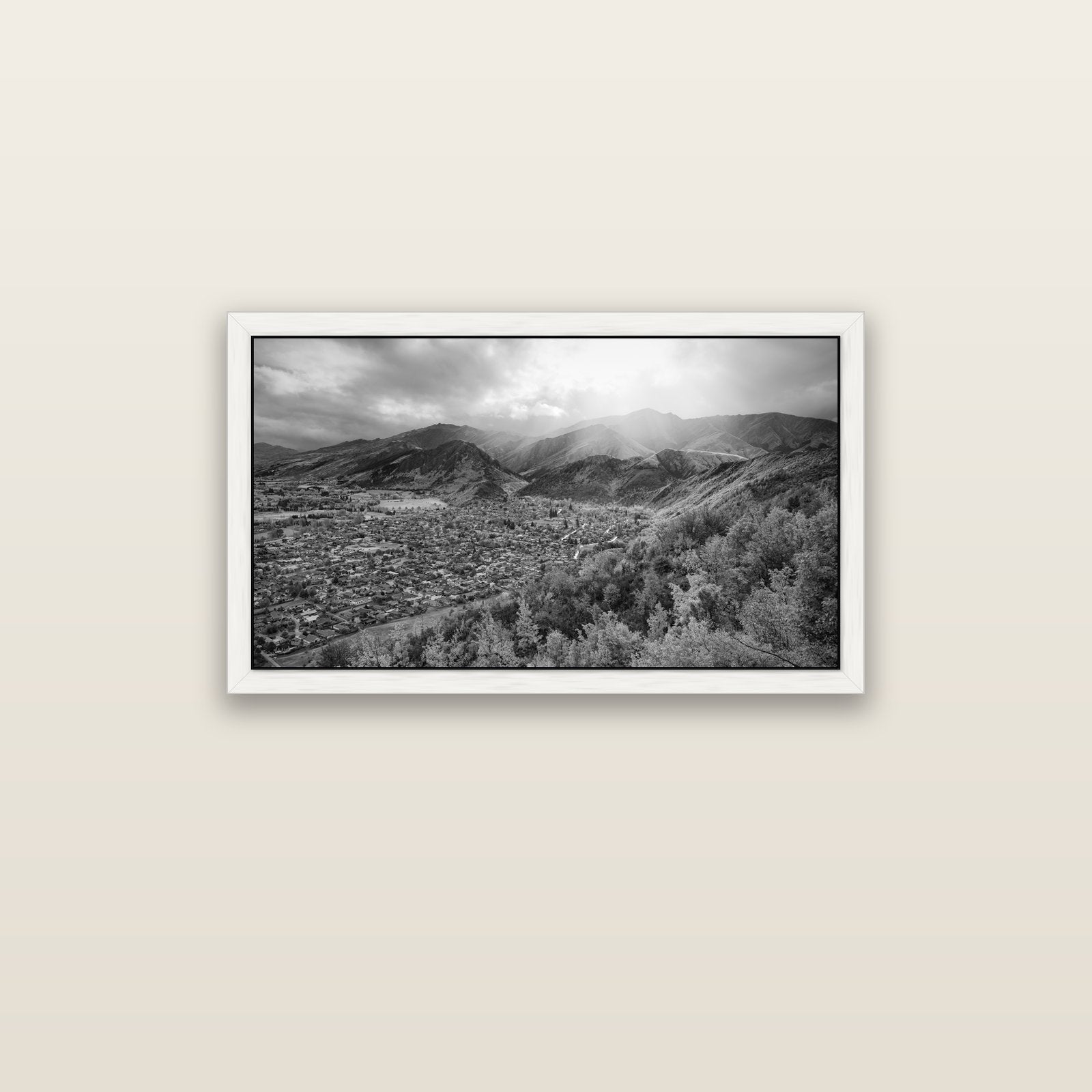 Light Over the Valley, Arrowtown — white float frame canvas, 91 × 51 cm. New Zealand fine art landscape wall art by Stephen Milner.