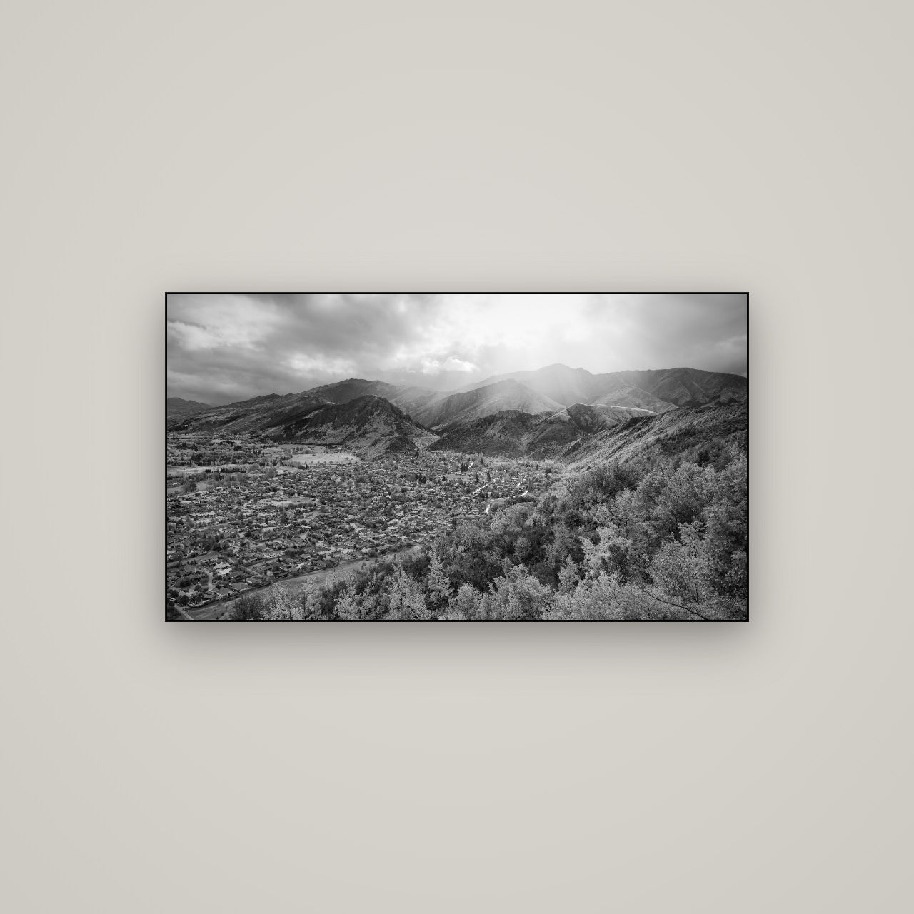 Light Over the Valley, Arrowtown — Slimline Black, 107×60 cm. New Zealand fine art wall art by Stephen Milner.