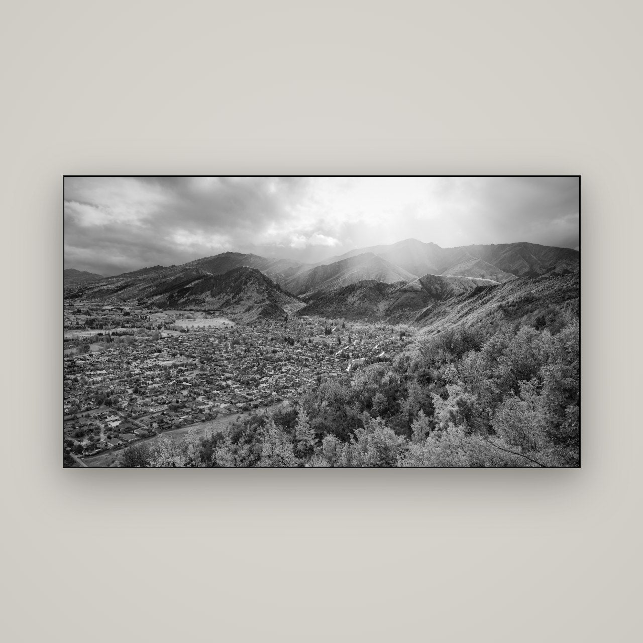 Light Over the Valley, Arrowtown — Slimline Black, 160×90 cm. New Zealand fine art wall art by Stephen Milner.