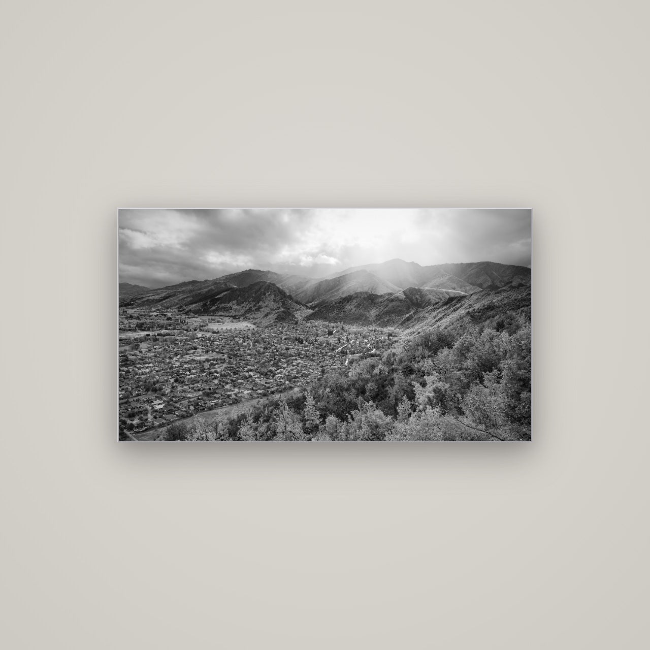 Light Over the Valley, Arrowtown — Slimline Silver, 107×60 cm. New Zealand fine art wall art by Stephen Milner.