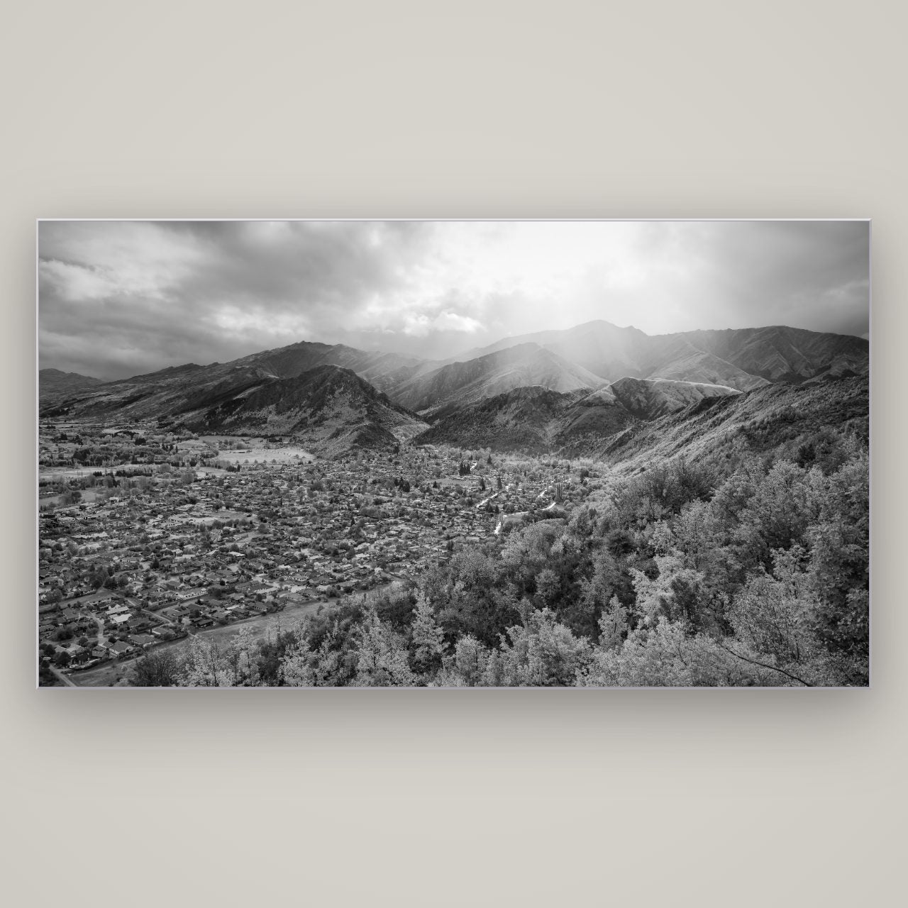 Light Over the Valley, Arrowtown — Slimline Silver, 196×110 cm. New Zealand fine art wall art by Stephen Milner.