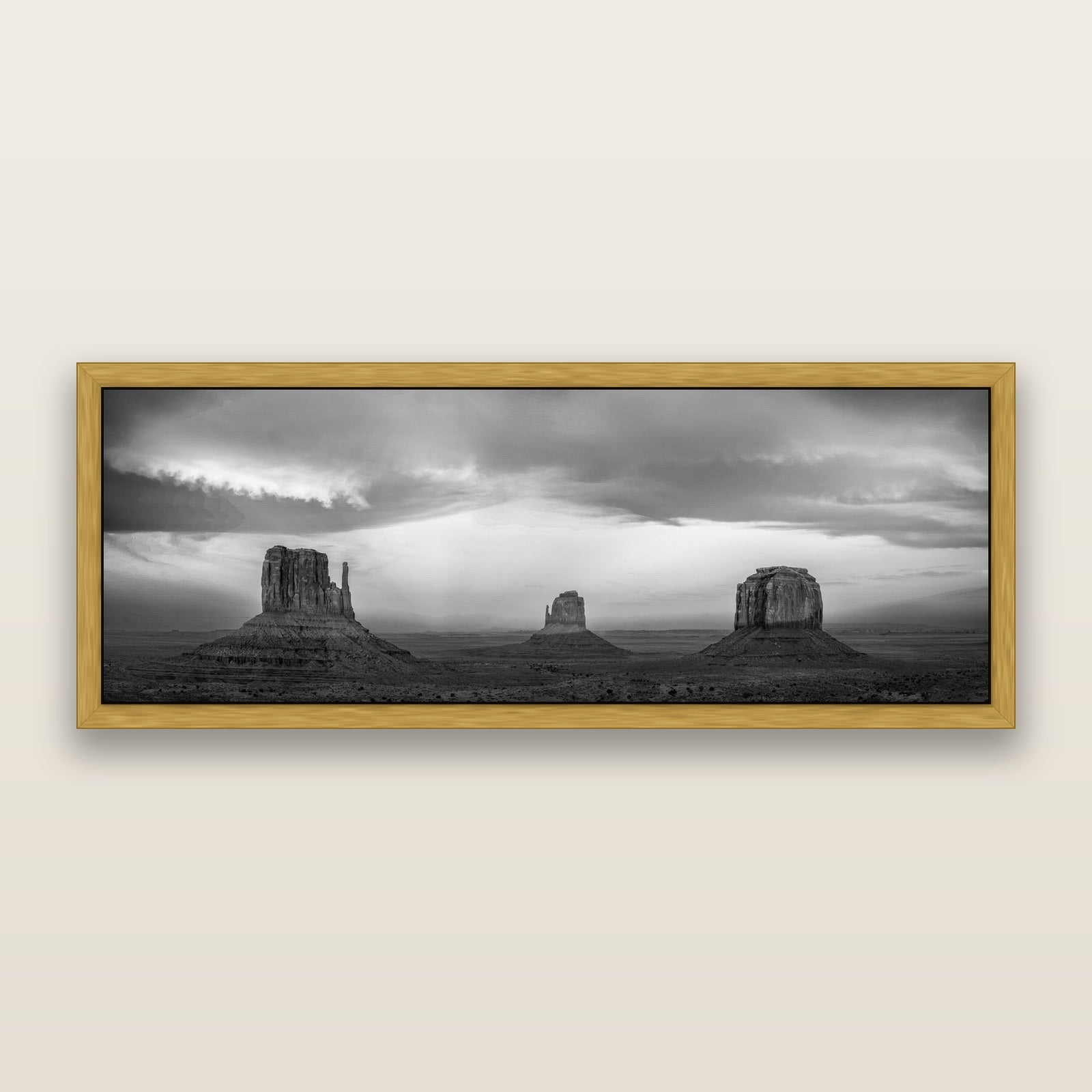 Majestic Guardians, Monument Valley Sunset Spectacle, black and white framed metallic canvas print, Antique Gold frame. New Zealand fine art wall art by Stephen Milner.