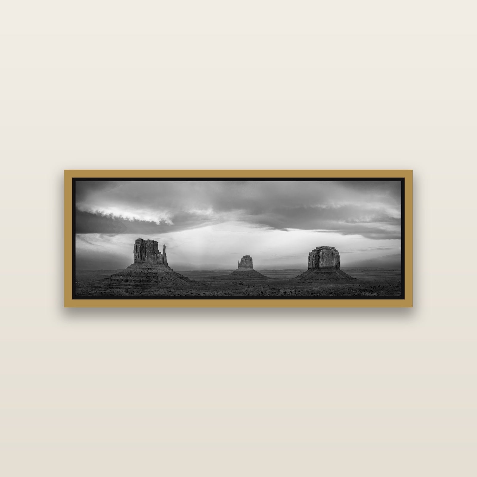 Majestic Guardians, Monument Valley Sunset Spectacle — Antique Gold framed metallic canvas print, small 86 × 30 cm. New Zealand fine art landscape wall art by Stephen Milner.