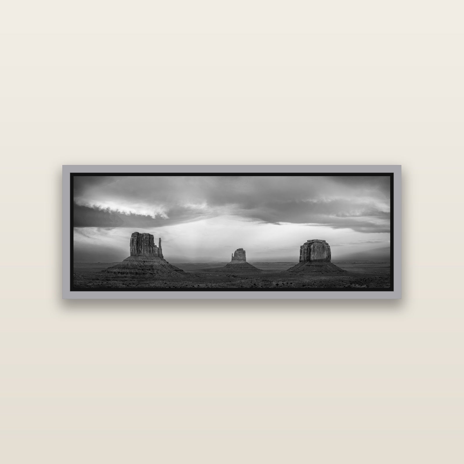 Majestic Guardians, Monument Valley Sunset Spectacle — Antique Silver framed metallic canvas print, small 86 × 30 cm. New Zealand fine art landscape wall art by Stephen Milner.