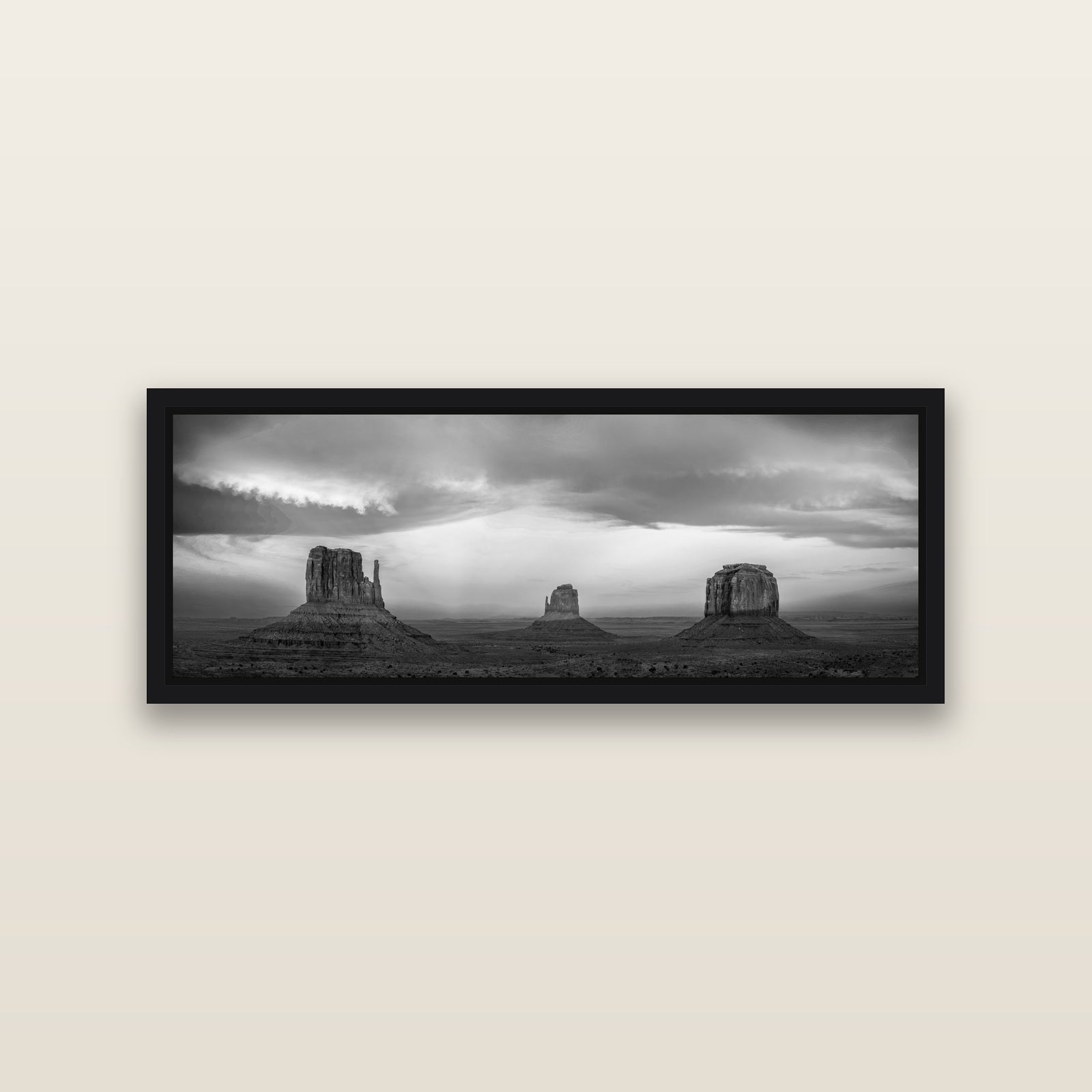 Majestic Guardians, Monument Valley Sunset Spectacle — Black framed metallic canvas print, small 86 × 30 cm. New Zealand fine art landscape wall art by Stephen Milner.