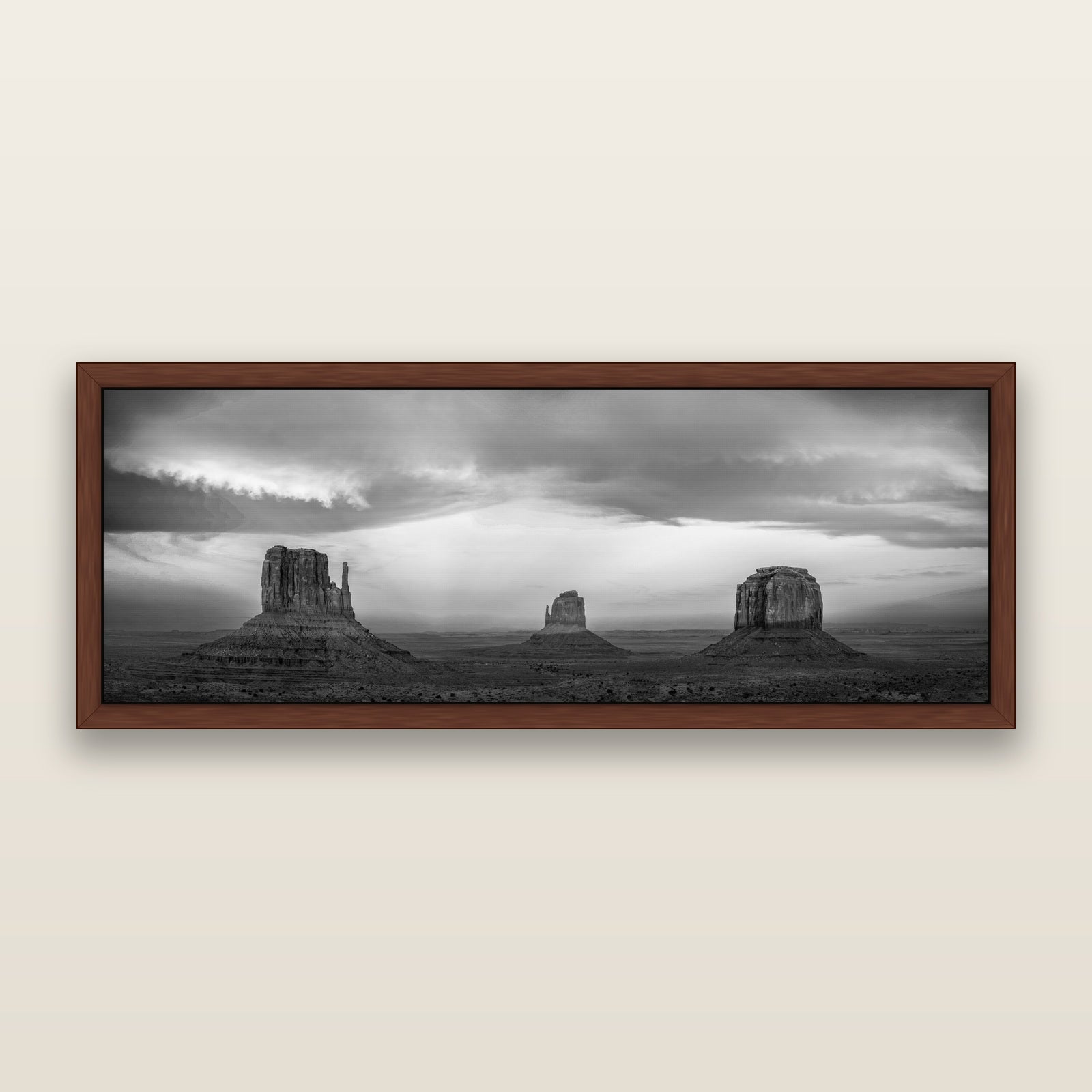Majestic Guardians, Monument Valley Sunset Spectacle, black and white framed metallic canvas print, Brown frame. New Zealand fine art wall art by Stephen Milner.