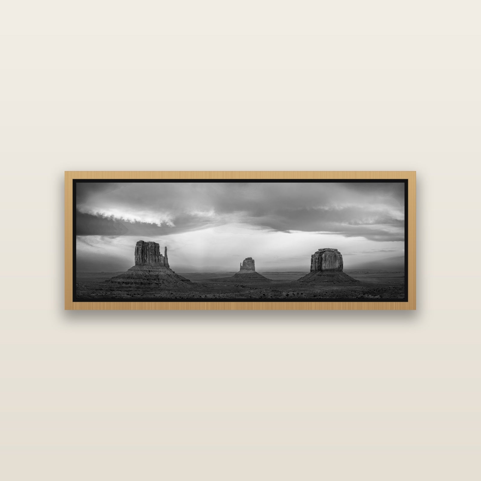 Majestic Guardians, Monument Valley Sunset Spectacle — Natural framed metallic canvas print, small 86 × 30 cm. New Zealand fine art landscape wall art by Stephen Milner.