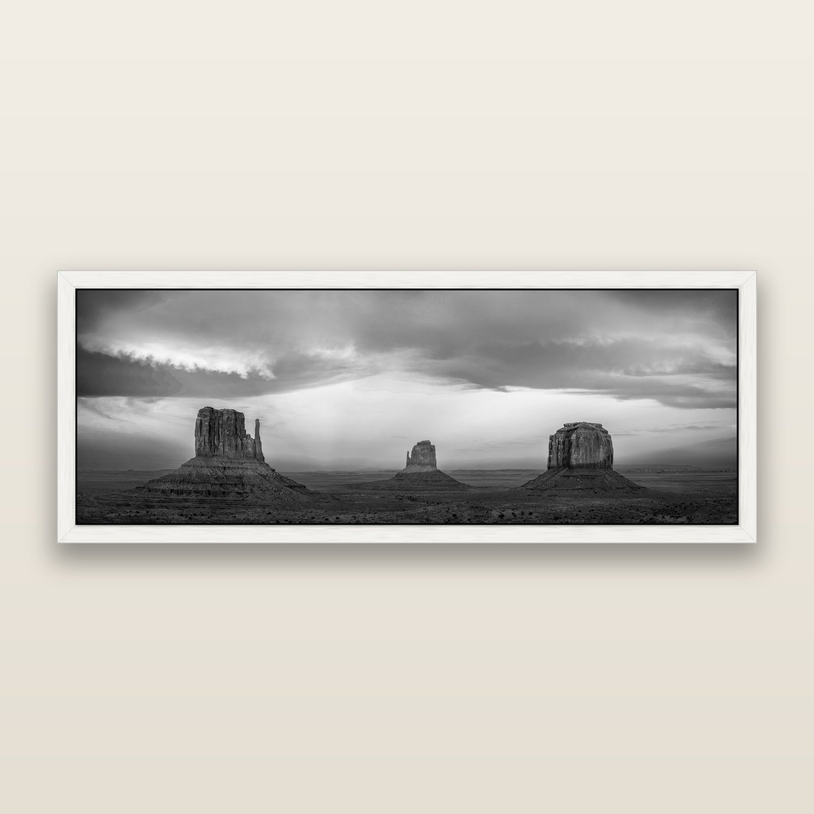 Majestic Guardians, Monument Valley Sunset Spectacle, black and white framed metallic canvas print, White frame. New Zealand fine art wall art by Stephen Milner.