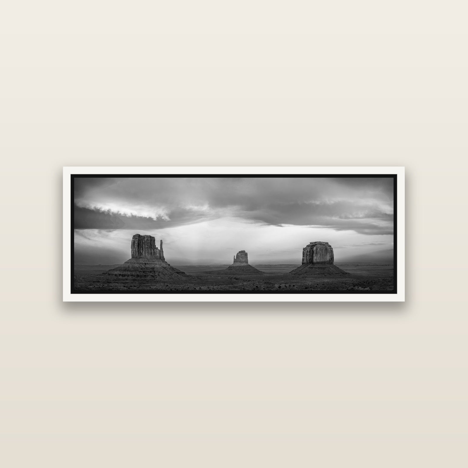 Majestic Guardians, Monument Valley Sunset Spectacle — White framed metallic canvas print, small 86 × 30 cm. New Zealand fine art landscape wall art by Stephen Milner.