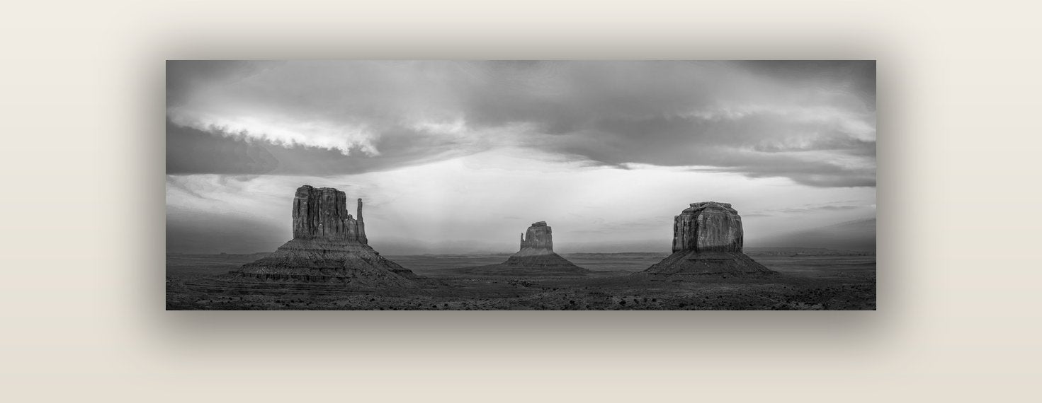Majestic Guardians, Monument Valley Sunset Spectacle — acrylic glass print, 122 × 41 cm. New Zealand fine art landscape wall art by Stephen Milner.