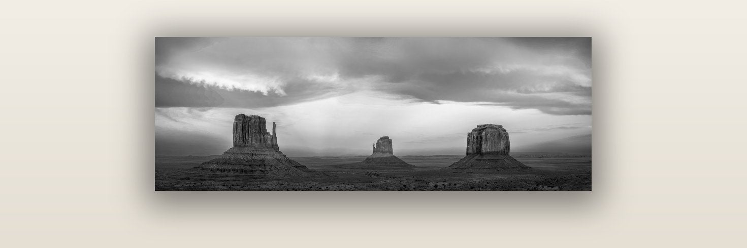 Majestic Guardians, Monument Valley Sunset Spectacle — acrylic glass print, 91 × 30 cm. New Zealand fine art landscape wall art by Stephen Milner.