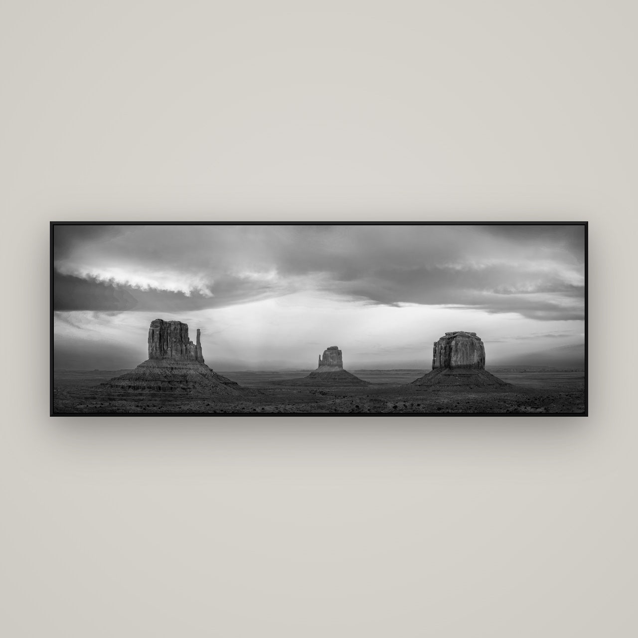 Majestic Guardians, Monument Valley Sunset Spectacle — ArtBox Black, 170×60 cm. New Zealand fine art wall art by Stephen Milner.