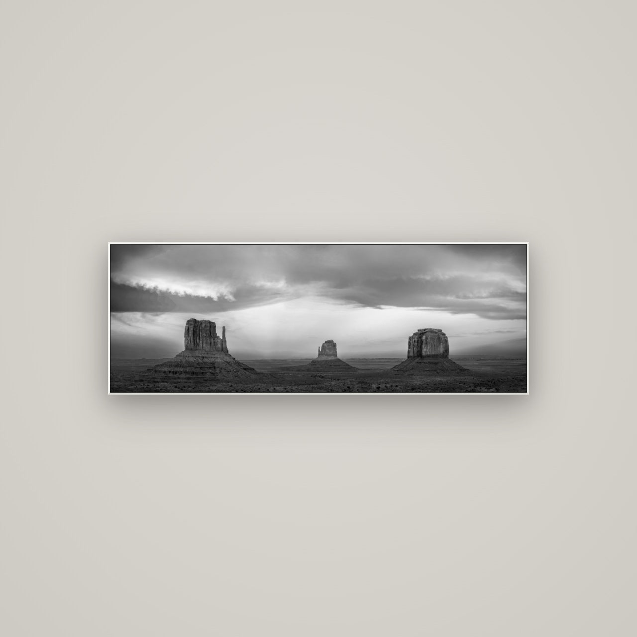 Majestic Guardians, Monument Valley Sunset Spectacle — ArtBox White, 113×40 cm. New Zealand fine art wall art by Stephen Milner.