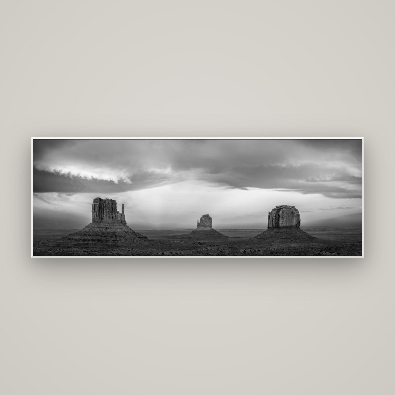 Majestic Guardians, Monument Valley Sunset Spectacle — ArtBox White, 170×60 cm. New Zealand fine art wall art by Stephen Milner.