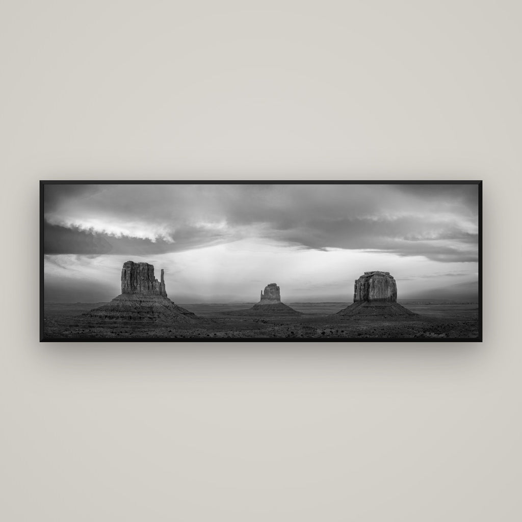 Majestic Guardians, Monument Valley Sunset Spectacle — Basel Black Matte, 170×60 cm. New Zealand fine art wall art by Stephen Milner.