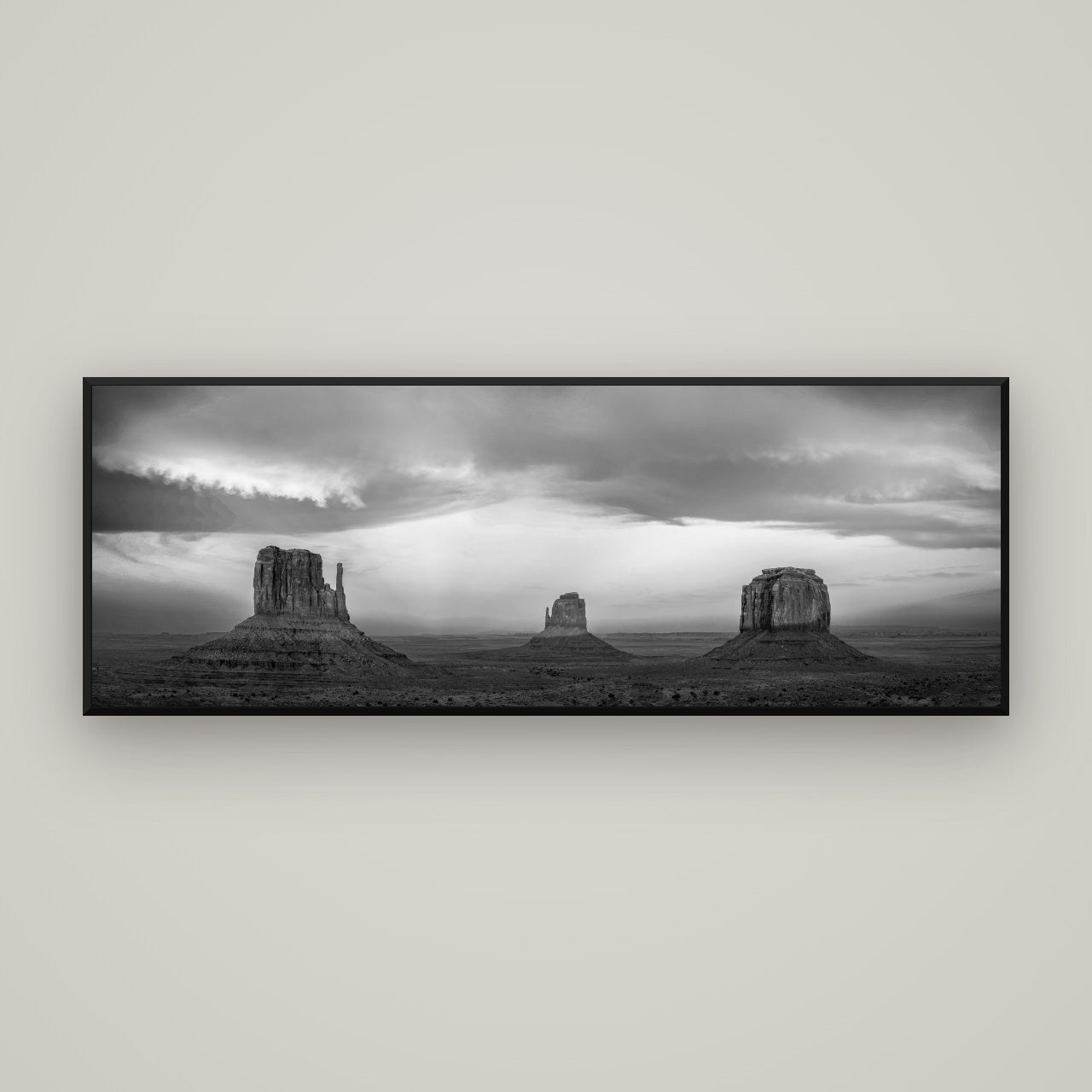 Majestic Guardians, Monument Valley Sunset Spectacle — Basel Black, 170×60 cm. New Zealand fine art wall art by Stephen Milner.