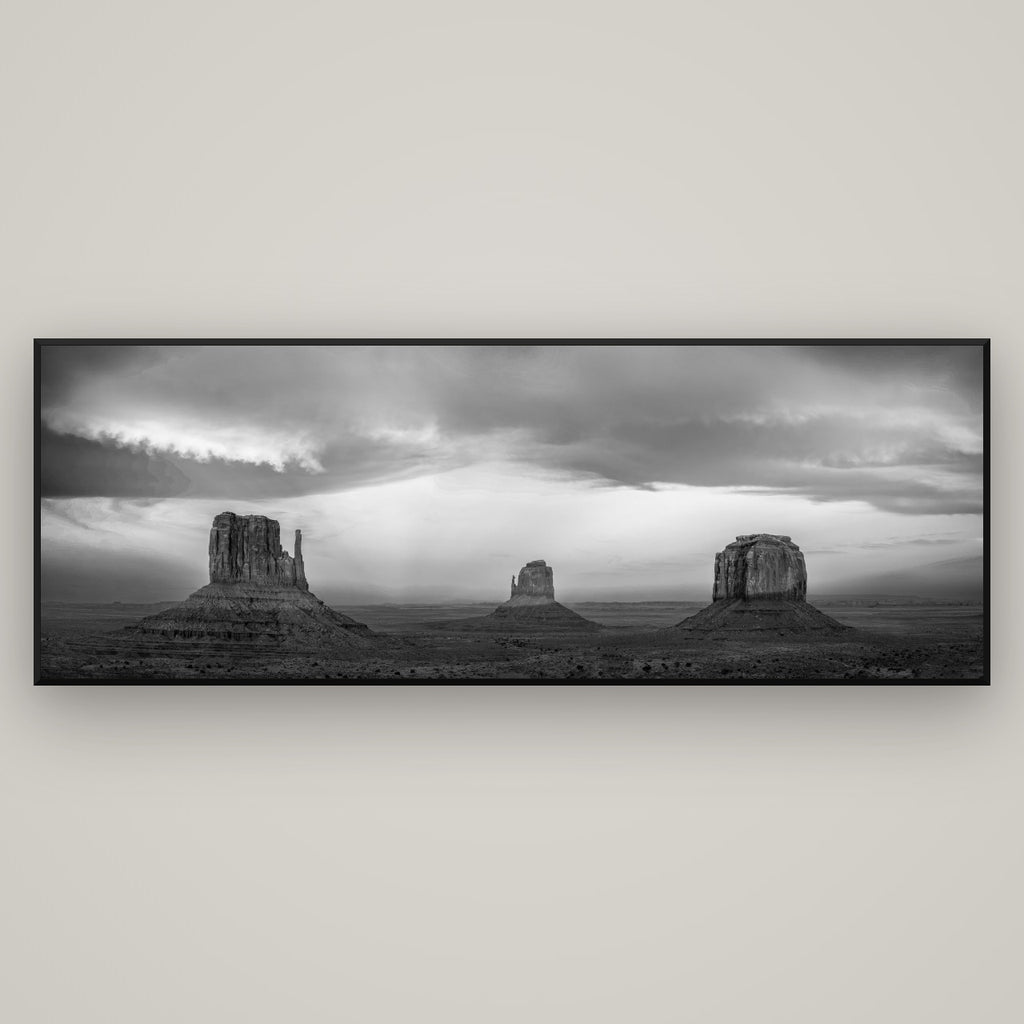 Majestic Guardians, Monument Valley Sunset Spectacle — Basel Black, 198×70 cm. New Zealand fine art wall art by Stephen Milner.