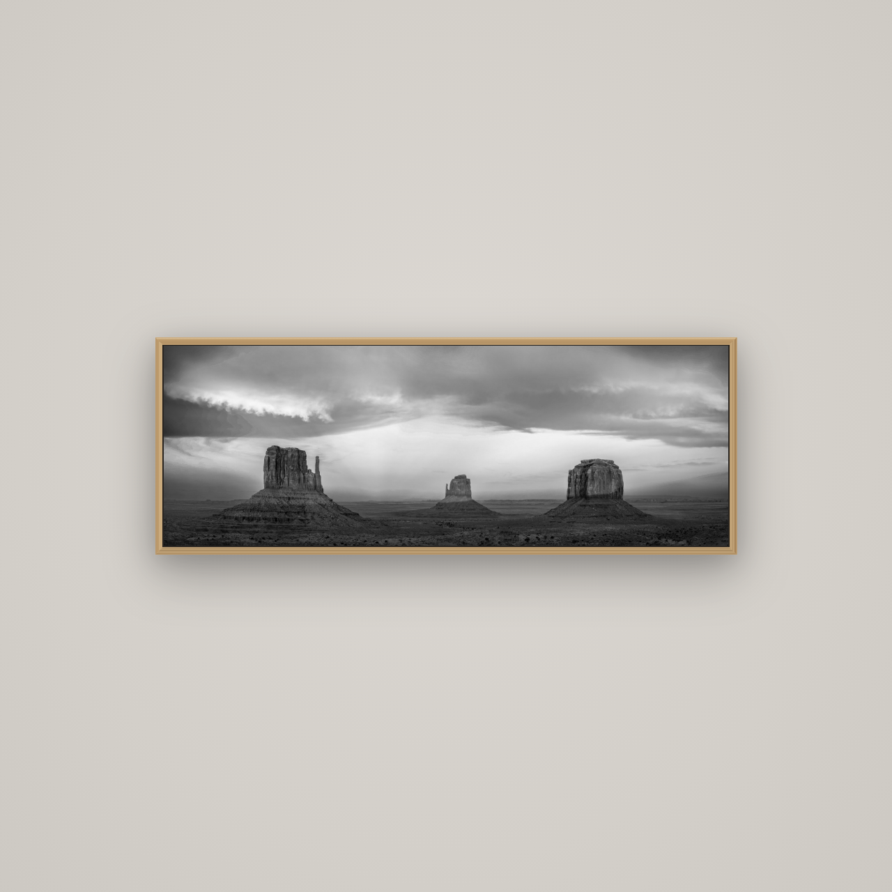 Majestic Guardians, Monument Valley Sunset Spectacle, Basel Natural Oak, 113×40 cm. New Zealand fine art wall art by Stephen Milner.