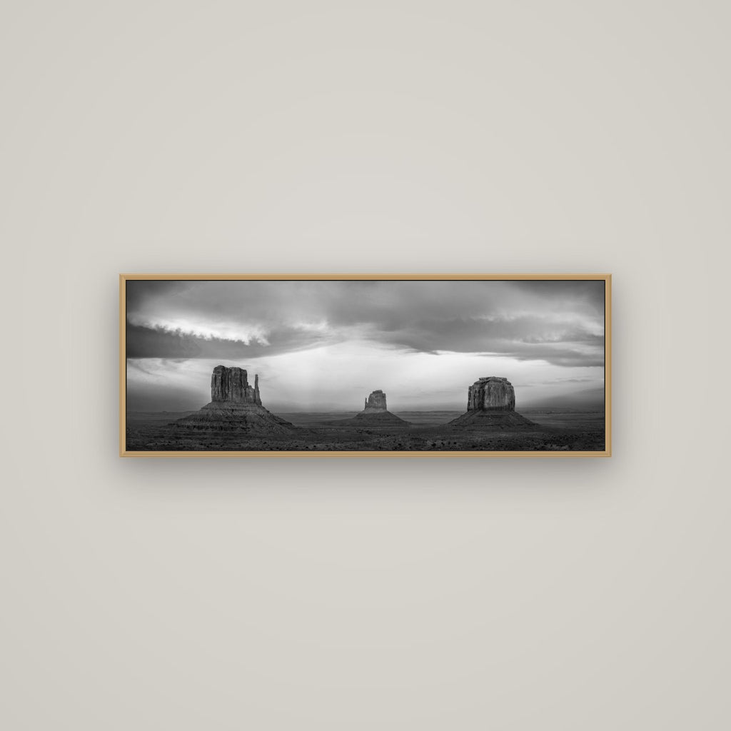 Majestic Guardians, Monument Valley Sunset Spectacle, Basel Natural Oak, 113×40 cm. New Zealand fine art wall art by Stephen Milner.