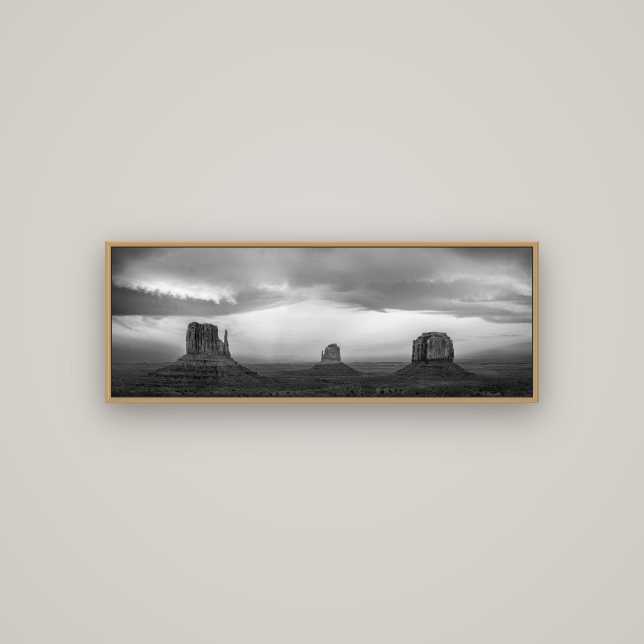 Majestic Guardians, Monument Valley Sunset Spectacle, Basel Natural Oak, 113×40 cm. New Zealand fine art wall art by Stephen Milner.