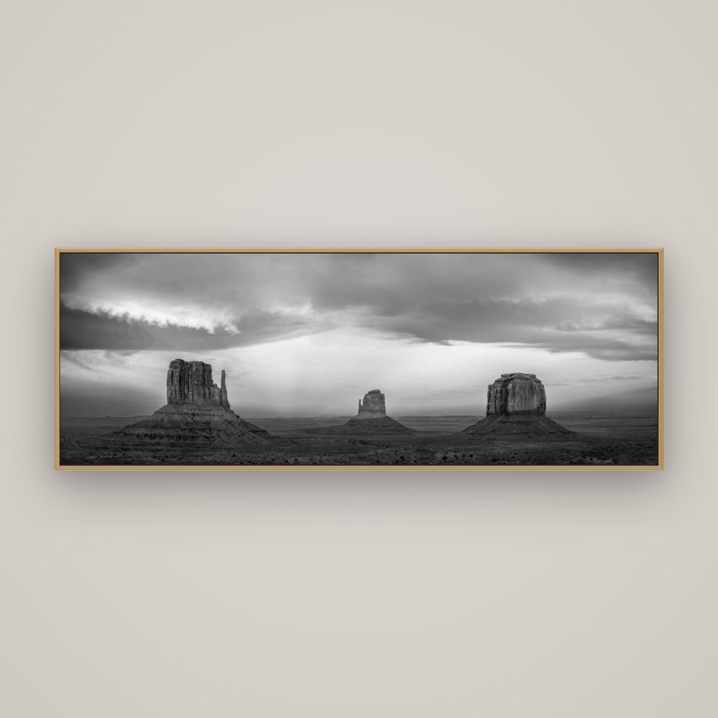 Majestic Guardians, Monument Valley Sunset Spectacle, Basel Natural Oak, 170×60 cm. New Zealand fine art wall art by Stephen Milner.