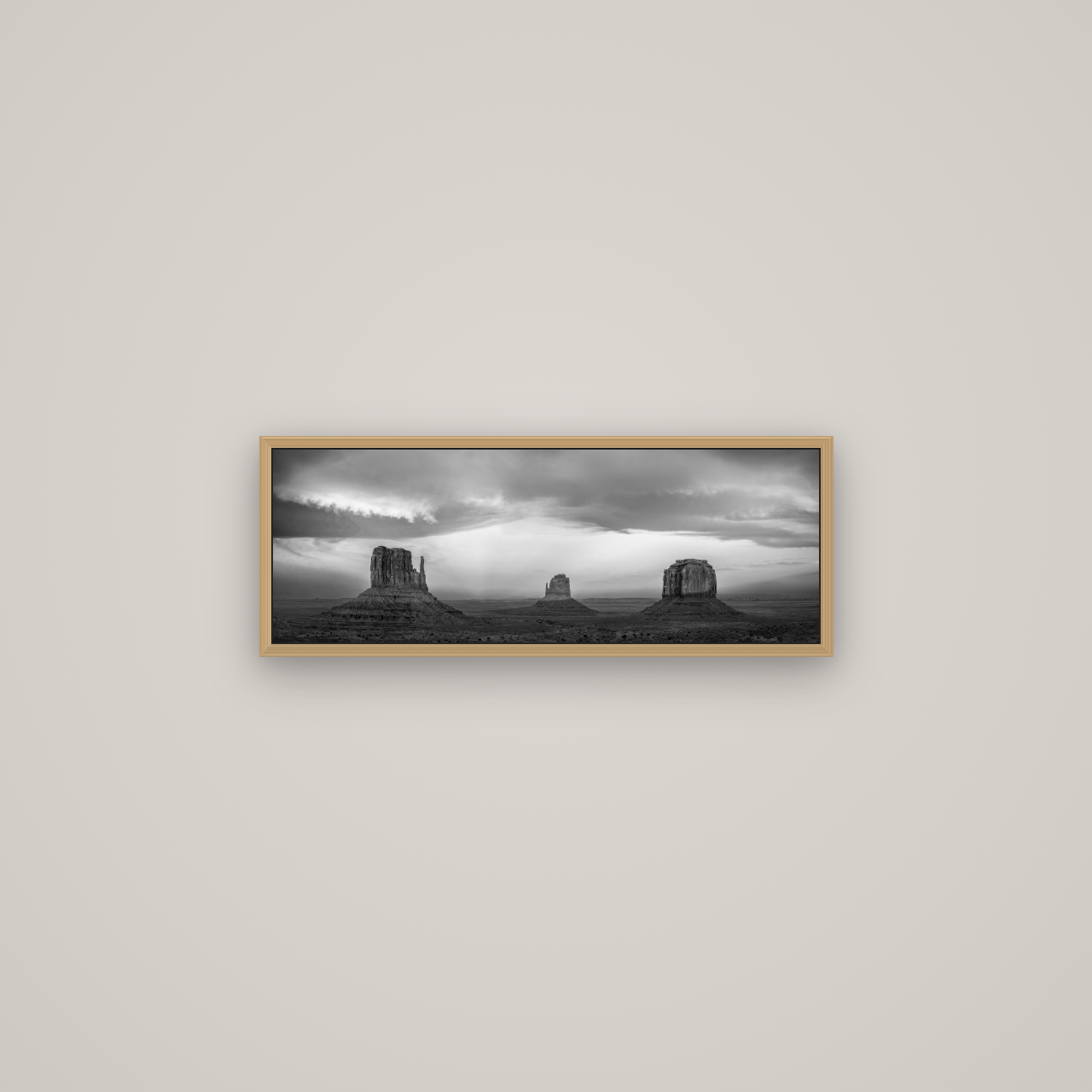 Majestic Guardians, Monument Valley Sunset Spectacle, Basel Natural Oak, 68×24 cm. New Zealand fine art wall art by Stephen Milner.