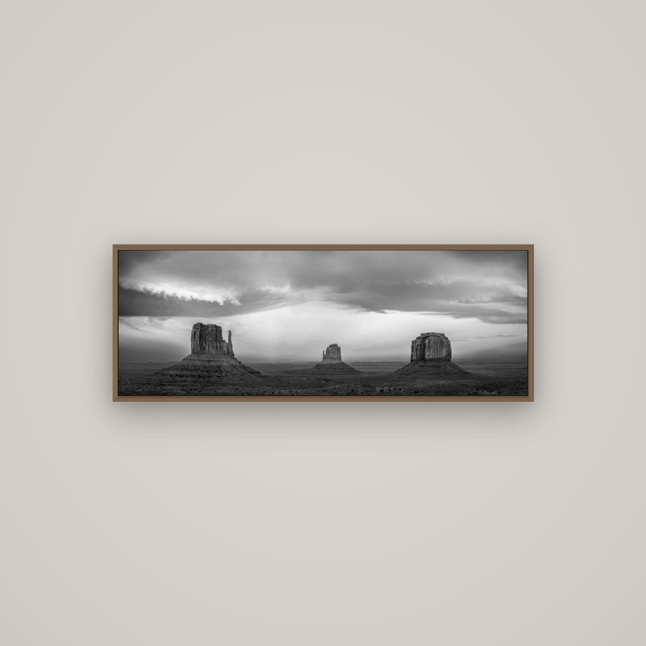 Majestic Guardians, Monument Valley Sunset Spectacle, Basel Walnut, 113×40 cm. New Zealand fine art wall art by Stephen Milner.