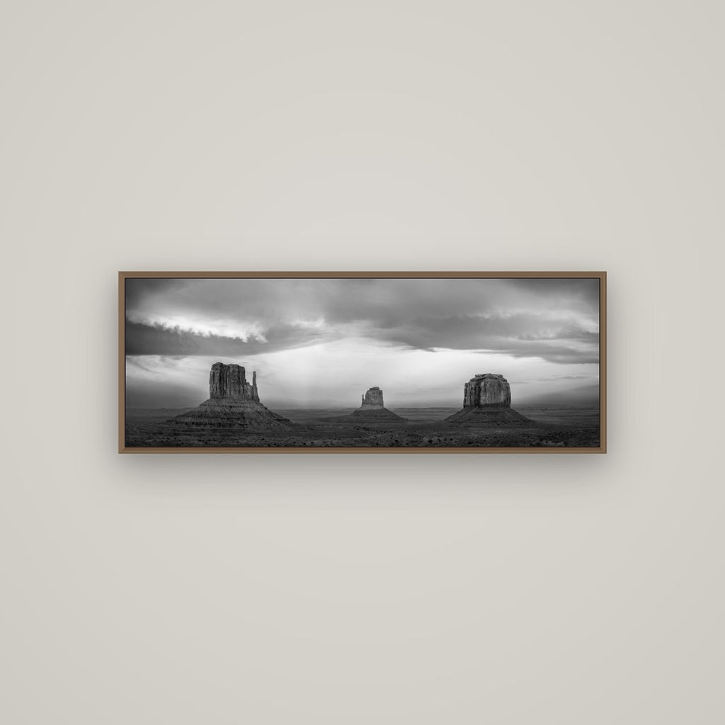 Majestic Guardians, Monument Valley Sunset Spectacle, Basel Walnut, 113×40 cm. New Zealand fine art wall art by Stephen Milner.