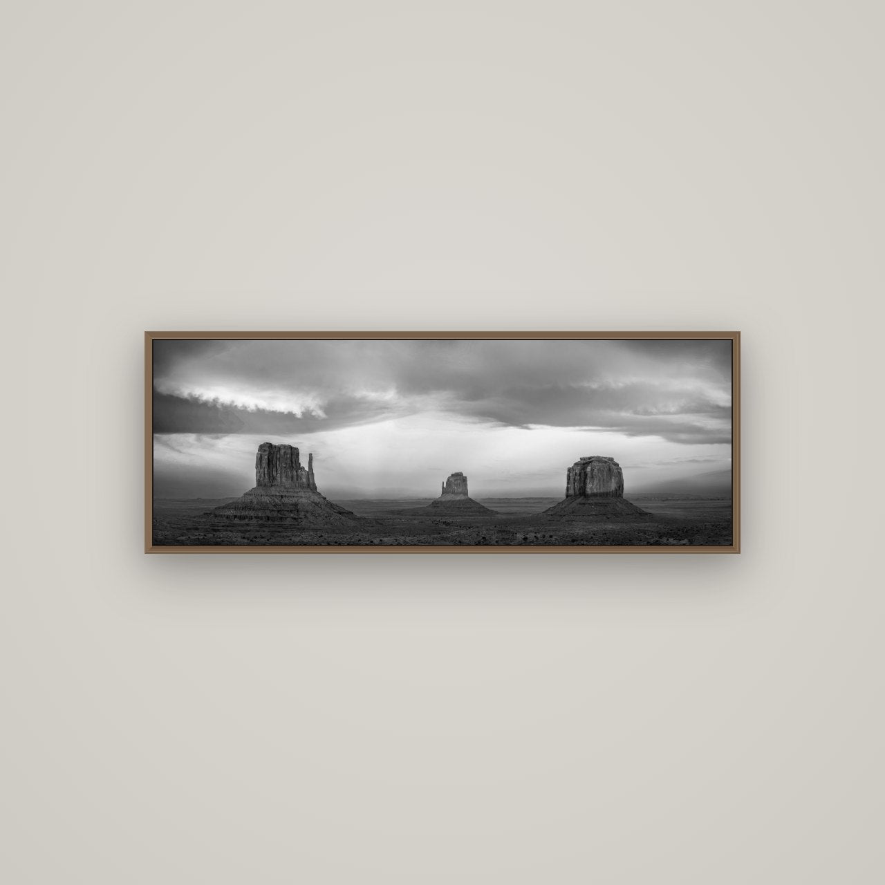 Majestic Guardians, Monument Valley Sunset Spectacle, Basel Walnut, 113×40 cm. New Zealand fine art wall art by Stephen Milner.