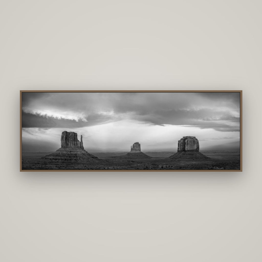 Majestic Guardians, Monument Valley Sunset Spectacle, Basel Walnut, 170×60 cm. New Zealand fine art wall art by Stephen Milner.