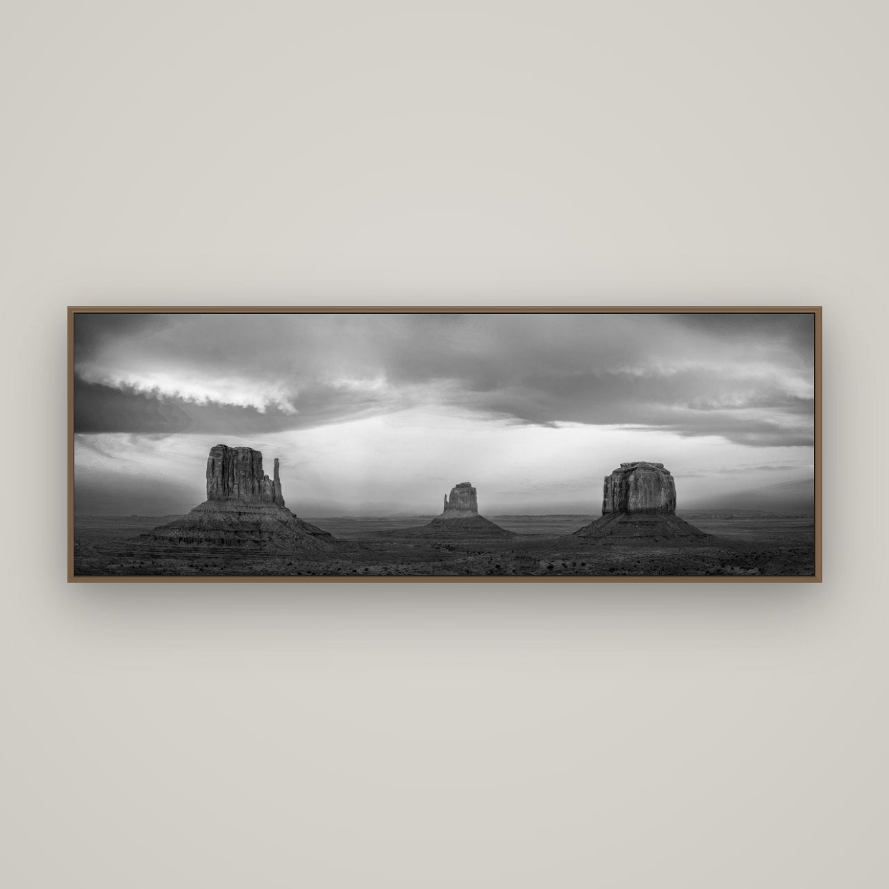 Majestic Guardians, Monument Valley Sunset Spectacle, Basel Walnut, 170×60 cm. New Zealand fine art wall art by Stephen Milner.