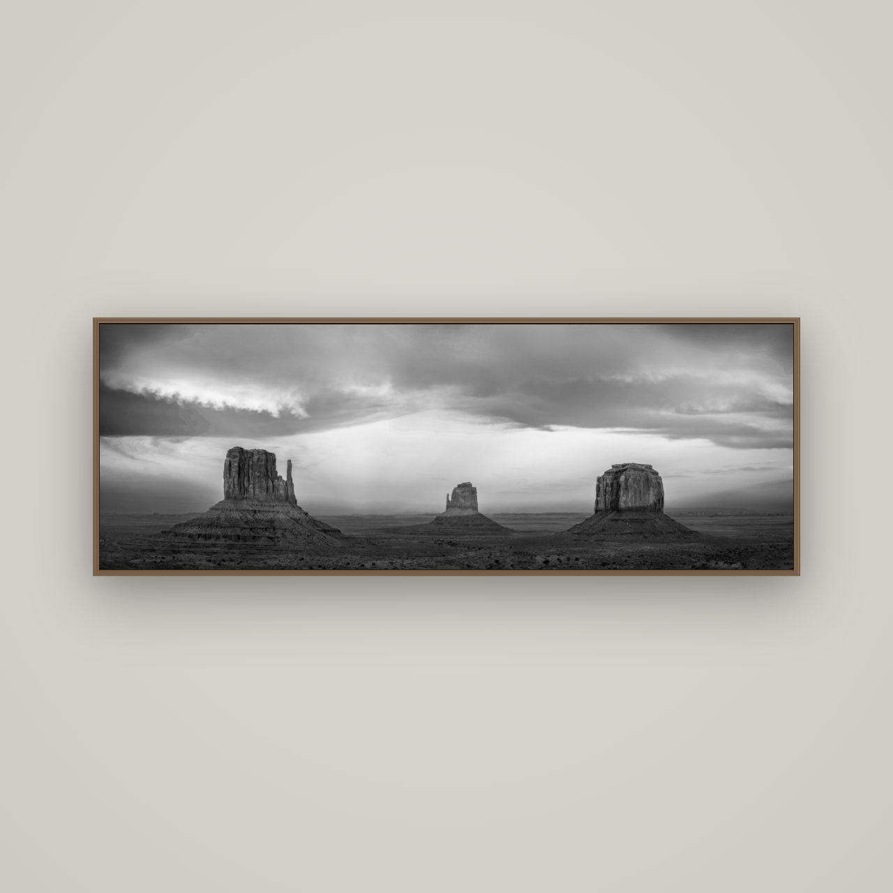 Majestic Guardians, Monument Valley Sunset Spectacle, Basel Walnut, 170×60 cm. New Zealand fine art wall art by Stephen Milner.