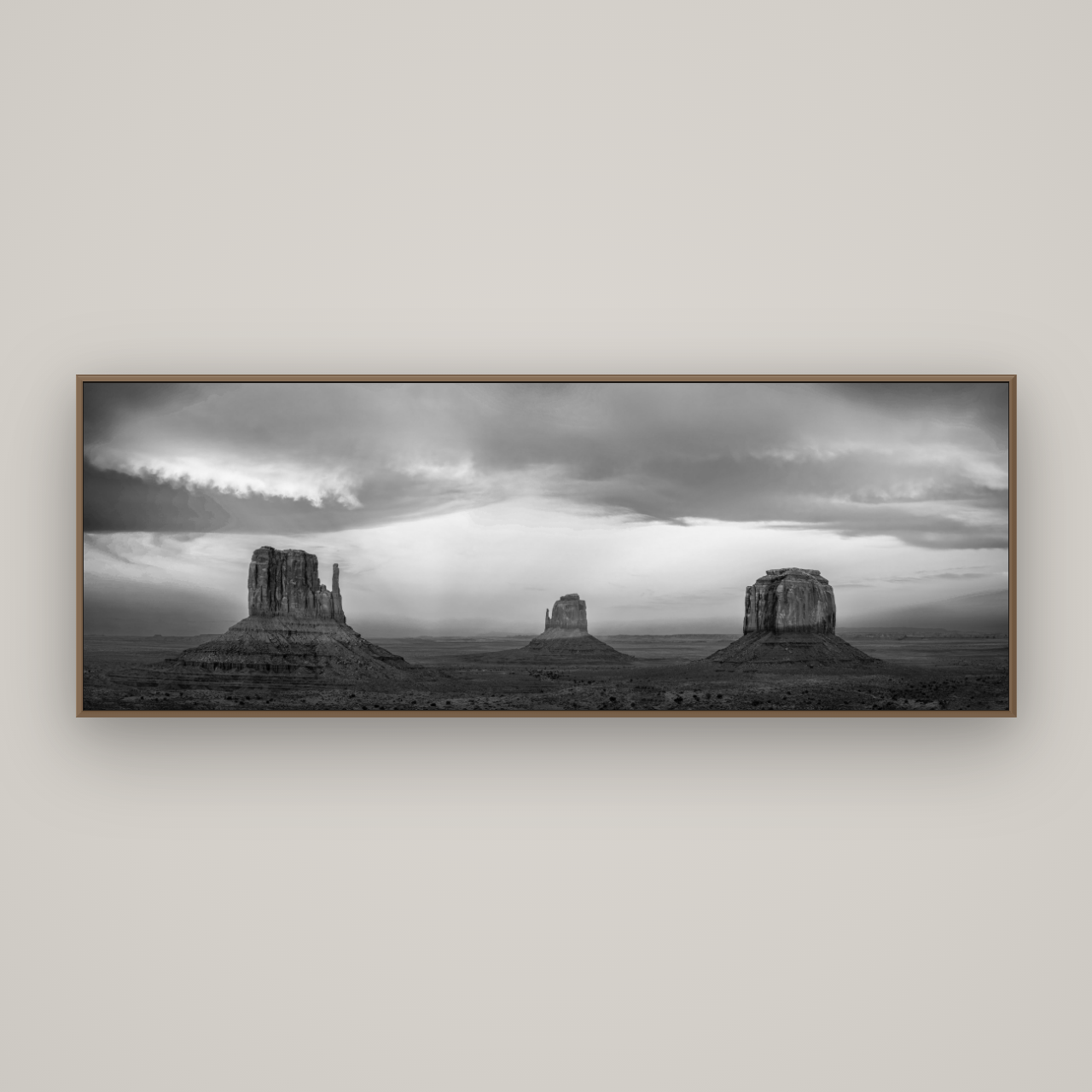 Majestic Guardians, Monument Valley Sunset Spectacle, Basel Walnut, 198×70 cm. New Zealand fine art wall art by Stephen Milner.