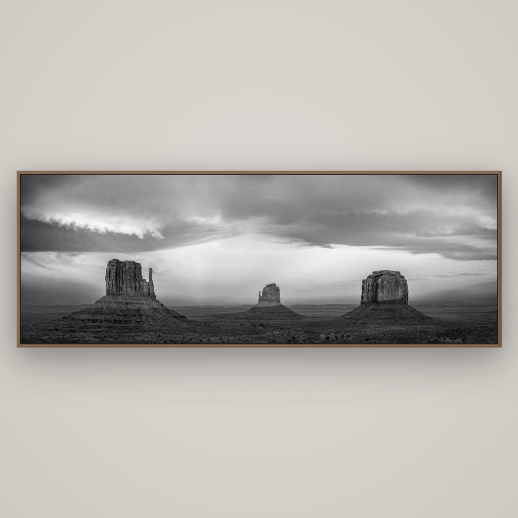 Majestic Guardians, Monument Valley Sunset Spectacle, Basel Walnut, 198×70 cm. New Zealand fine art wall art by Stephen Milner.
