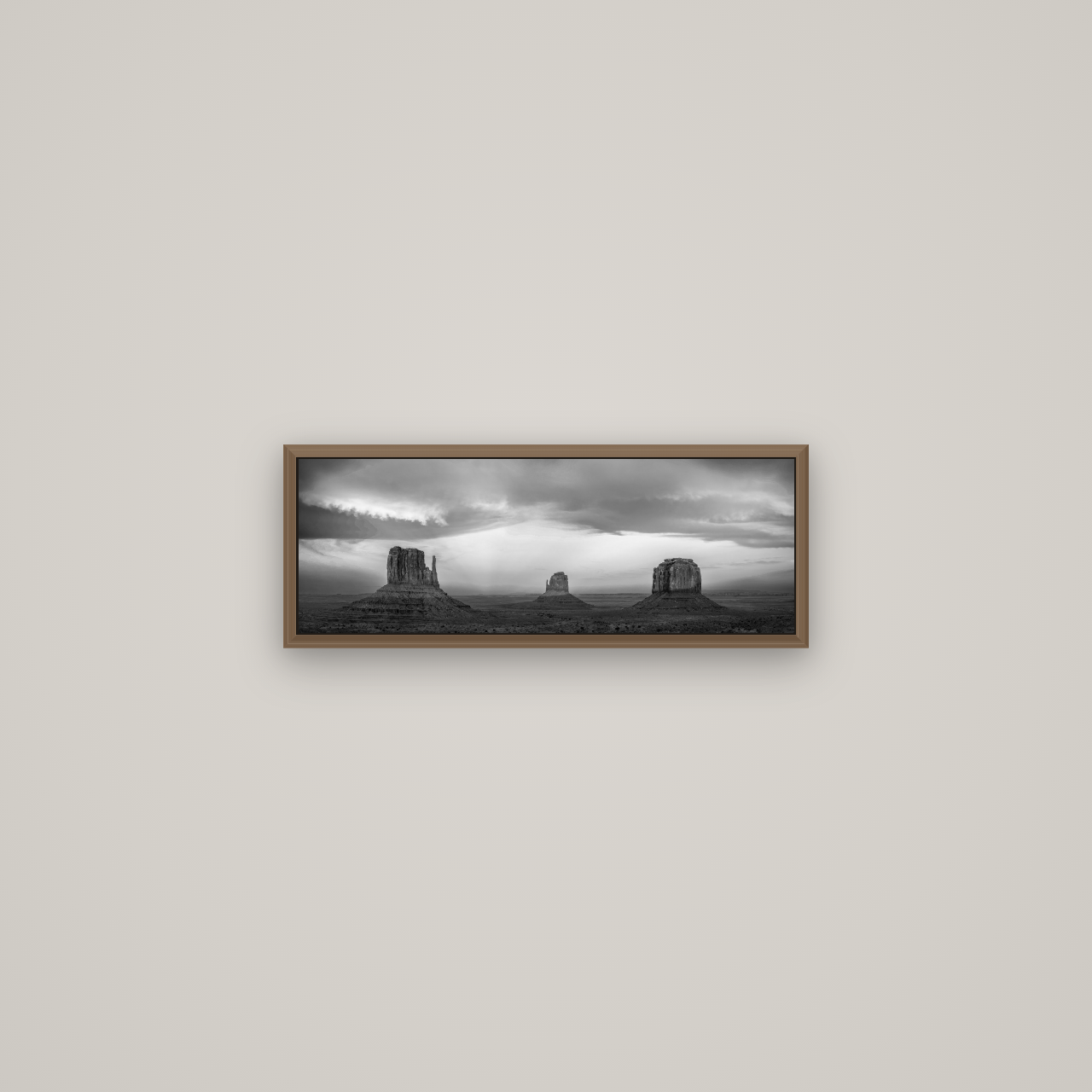 Majestic Guardians, Monument Valley Sunset Spectacle, Basel Walnut, 57×20 cm. New Zealand fine art wall art by Stephen Milner.