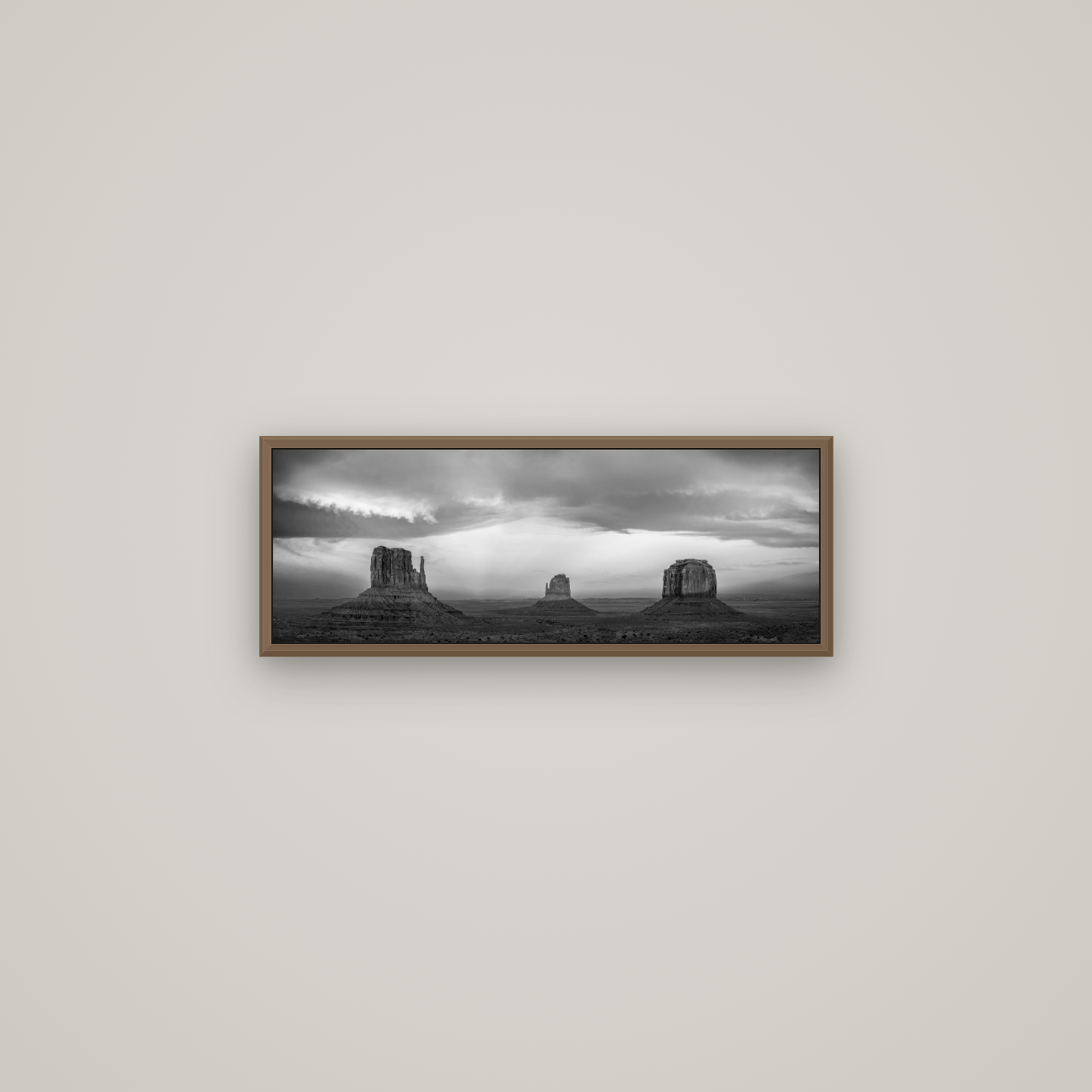 Majestic Guardians, Monument Valley Sunset Spectacle, Basel Walnut, 68×24 cm. New Zealand fine art wall art by Stephen Milner.