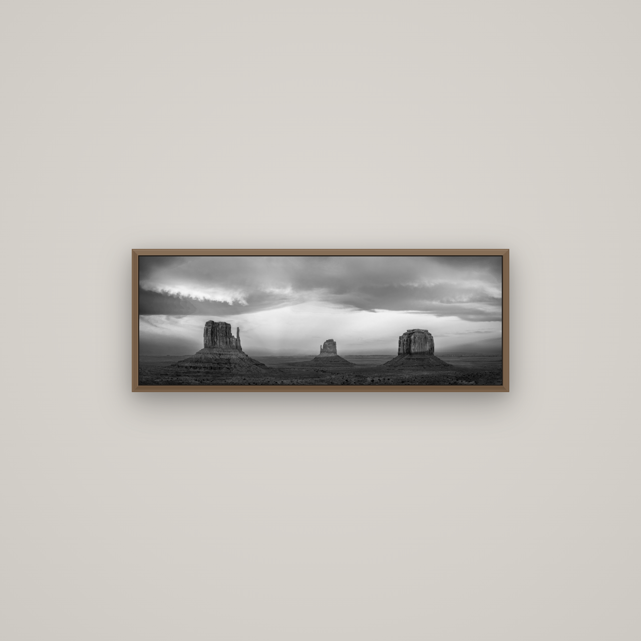 Majestic Guardians, Monument Valley Sunset Spectacle, Basel Walnut, 85×30 cm. New Zealand fine art wall art by Stephen Milner.