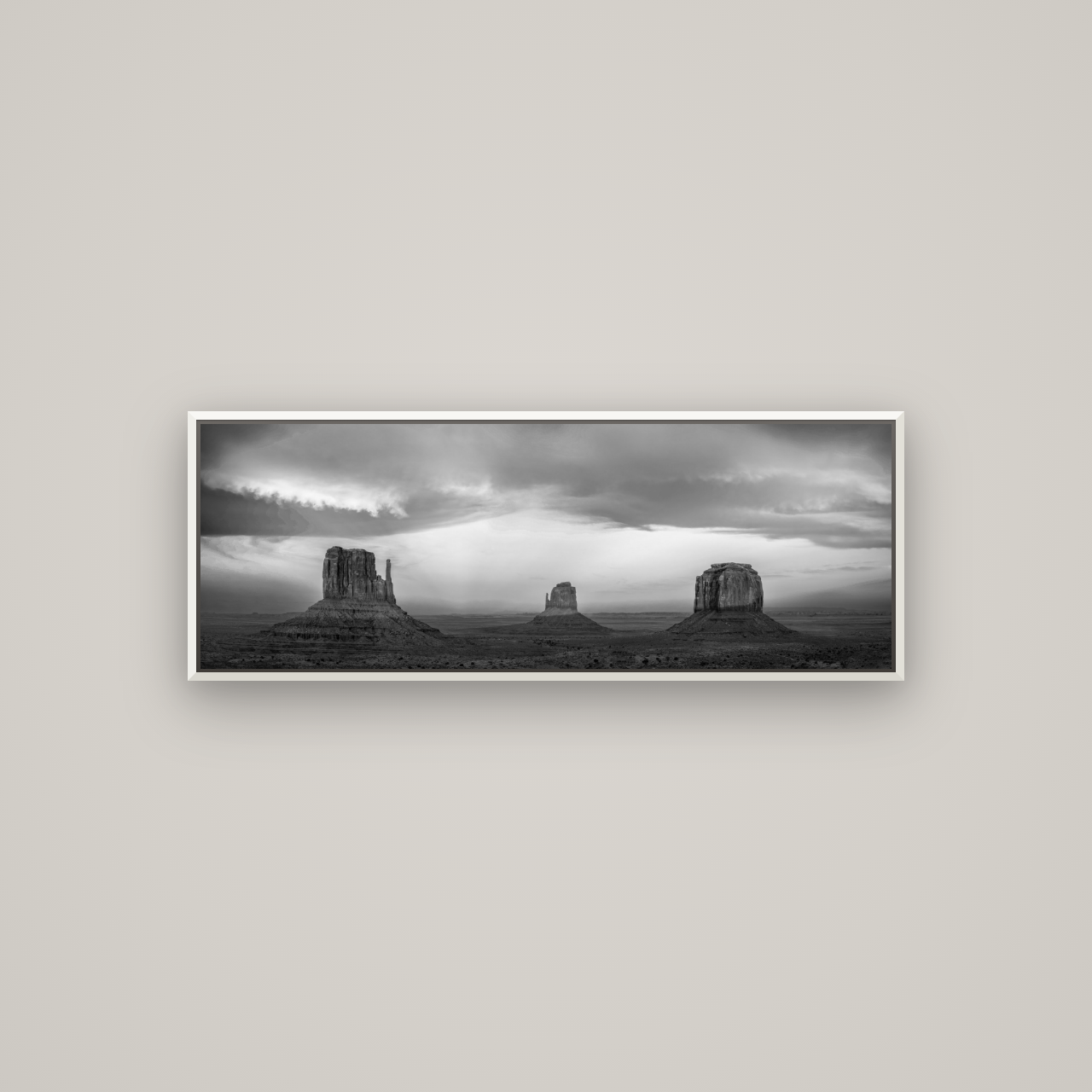 Majestic Guardians, Monument Valley Sunset Spectacle — Basel White, 113×40 cm. New Zealand fine art wall art by Stephen Milner.