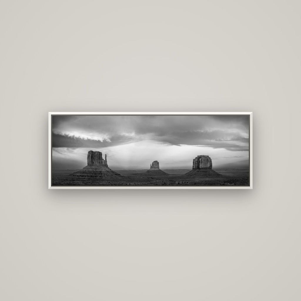 Majestic Guardians, Monument Valley Sunset Spectacle — Basel White, 113×40 cm. New Zealand fine art wall art by Stephen Milner.