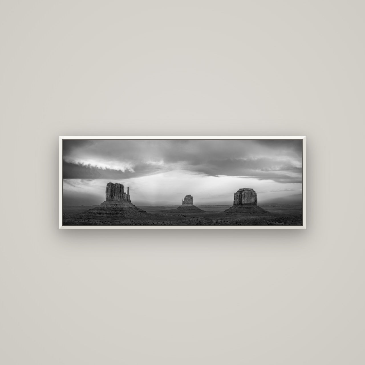 Majestic Guardians, Monument Valley Sunset Spectacle — Basel White, 113×40 cm. New Zealand fine art wall art by Stephen Milner.