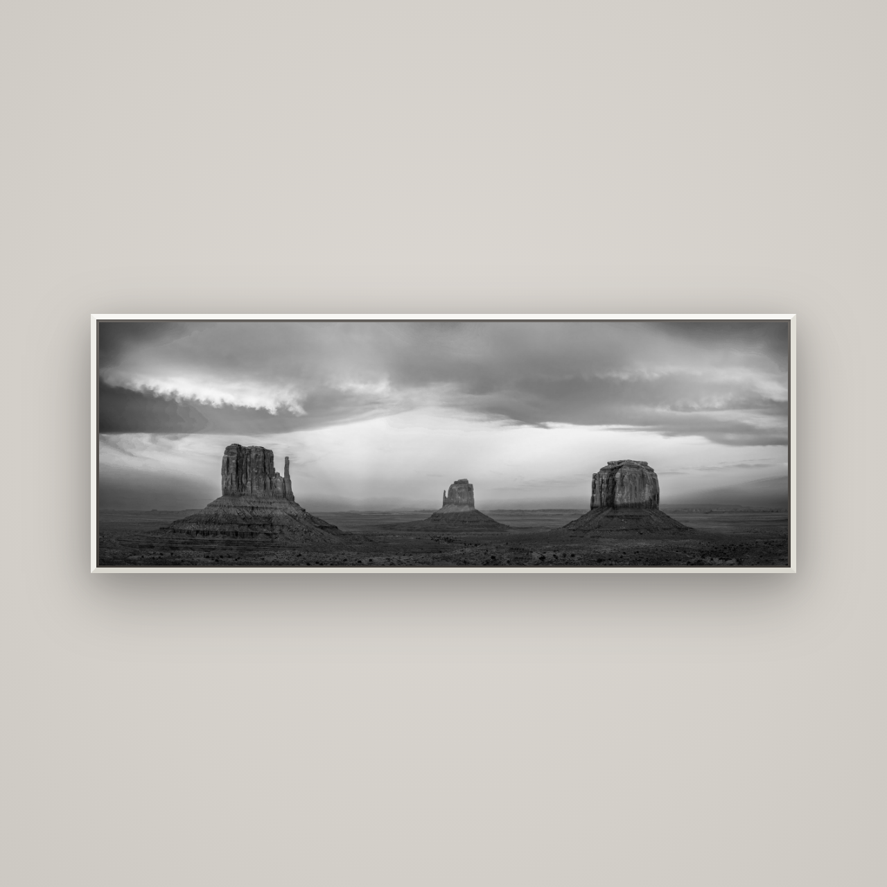 Majestic Guardians, Monument Valley Sunset Spectacle — Basel White, 170×60 cm. New Zealand fine art wall art by Stephen Milner.