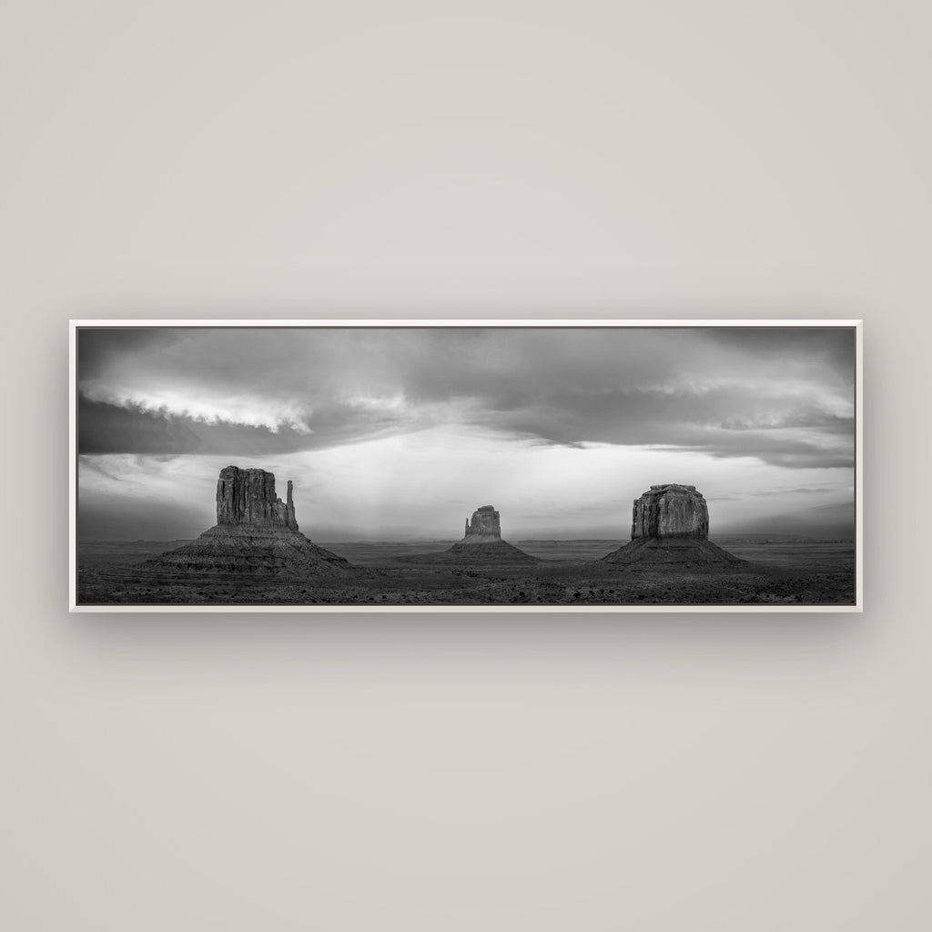 Majestic Guardians, Monument Valley Sunset Spectacle — Basel White, 170×60 cm. New Zealand fine art wall art by Stephen Milner.