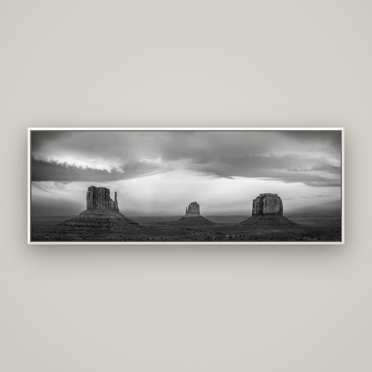 Majestic Guardians, Monument Valley Sunset Spectacle — Basel White, 170×60 cm. New Zealand fine art wall art by Stephen Milner.