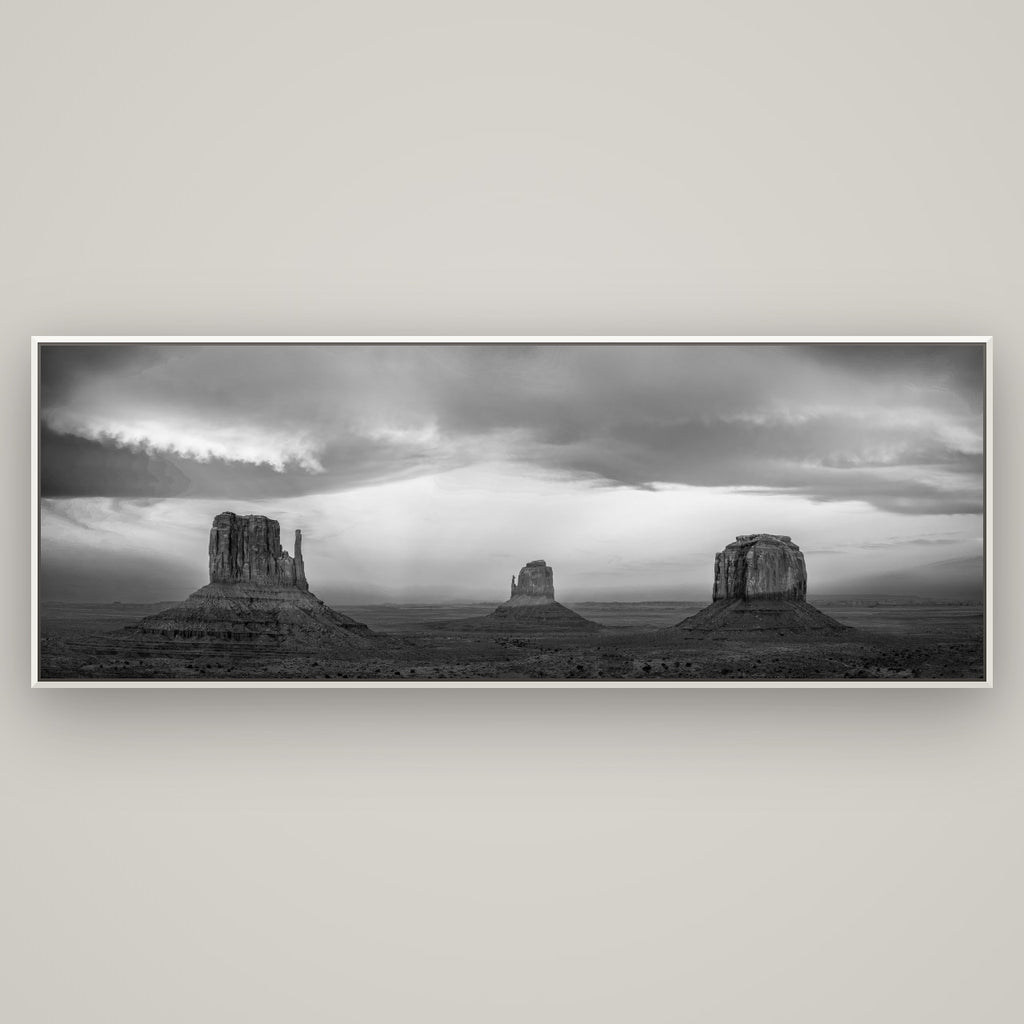Majestic Guardians, Monument Valley Sunset Spectacle — Basel White, 198×70 cm. New Zealand fine art wall art by Stephen Milner.