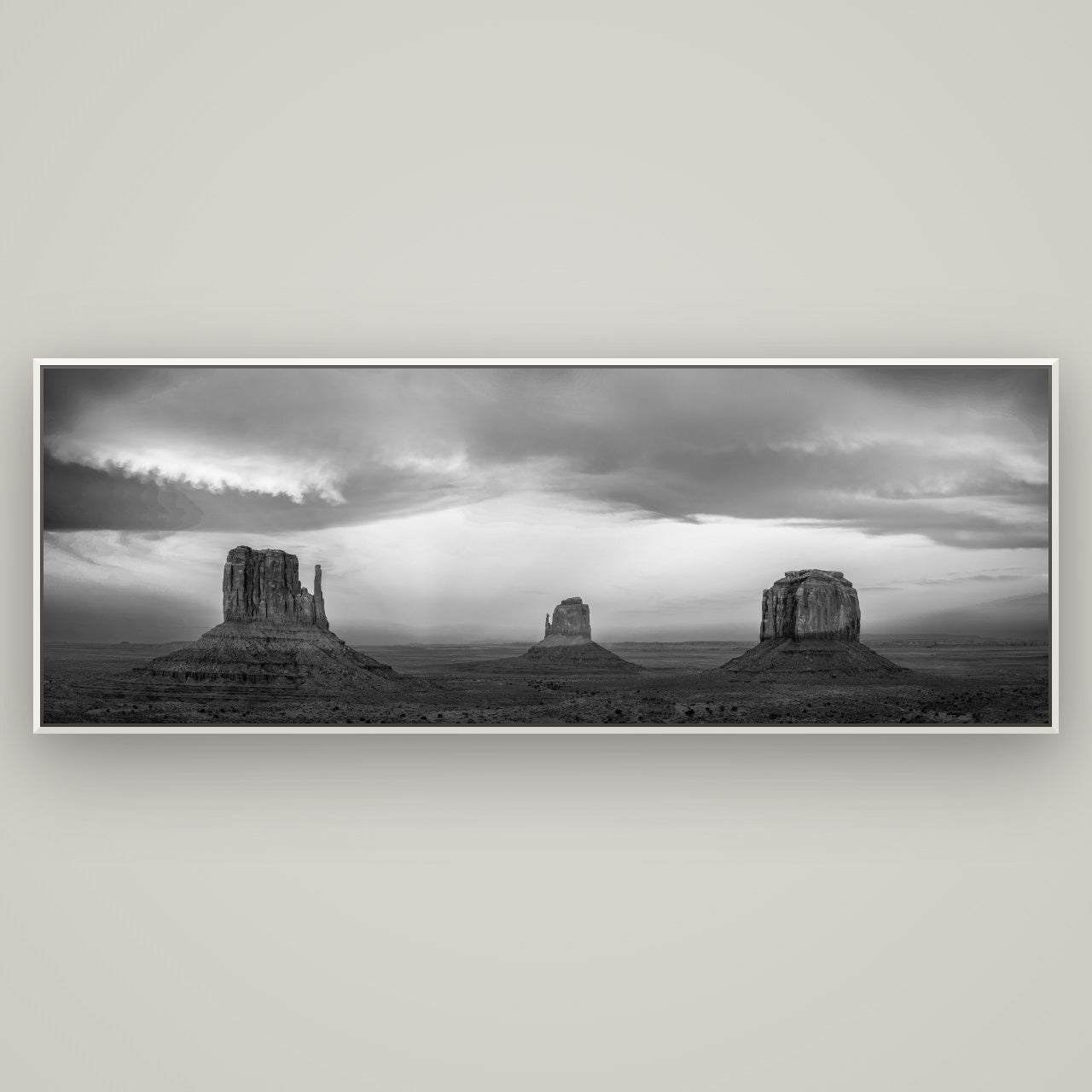 Majestic Guardians, Monument Valley Sunset Spectacle — Basel White, 198×70 cm. New Zealand fine art wall art by Stephen Milner.