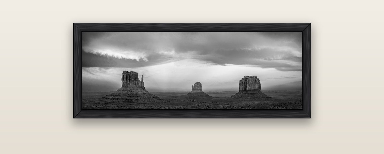 Majestic Guardians, Monument Valley Sunset Spectacle — black float frame canvas, 102 × 36 cm. New Zealand fine art landscape wall art by Stephen Milner.