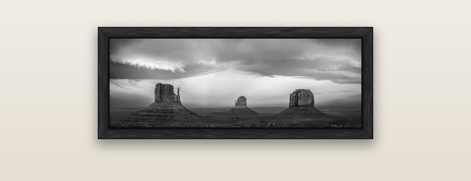 Majestic Guardians, Monument Valley Sunset Spectacle — black float frame canvas, 91 × 31 cm. New Zealand fine art landscape wall art by Stephen Milner.