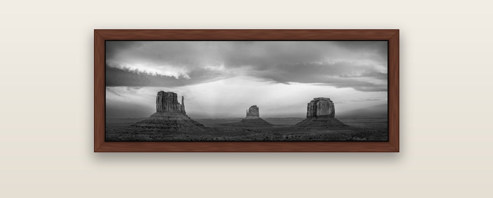 Majestic Guardians, Monument Valley Sunset Spectacle — brown float frame canvas, 102 × 36 cm. New Zealand fine art landscape wall art by Stephen Milner.