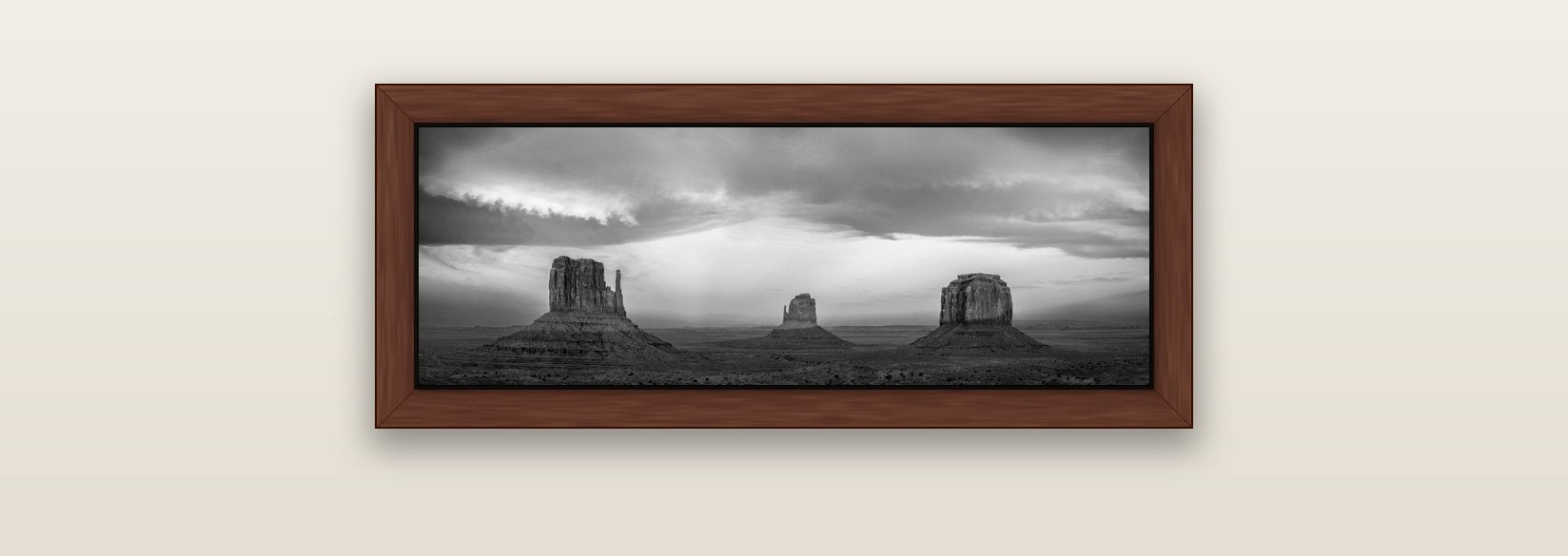 Majestic Guardians, Monument Valley Sunset Spectacle — brown float frame canvas, 71 × 25 cm. New Zealand fine art landscape wall art by Stephen Milner.