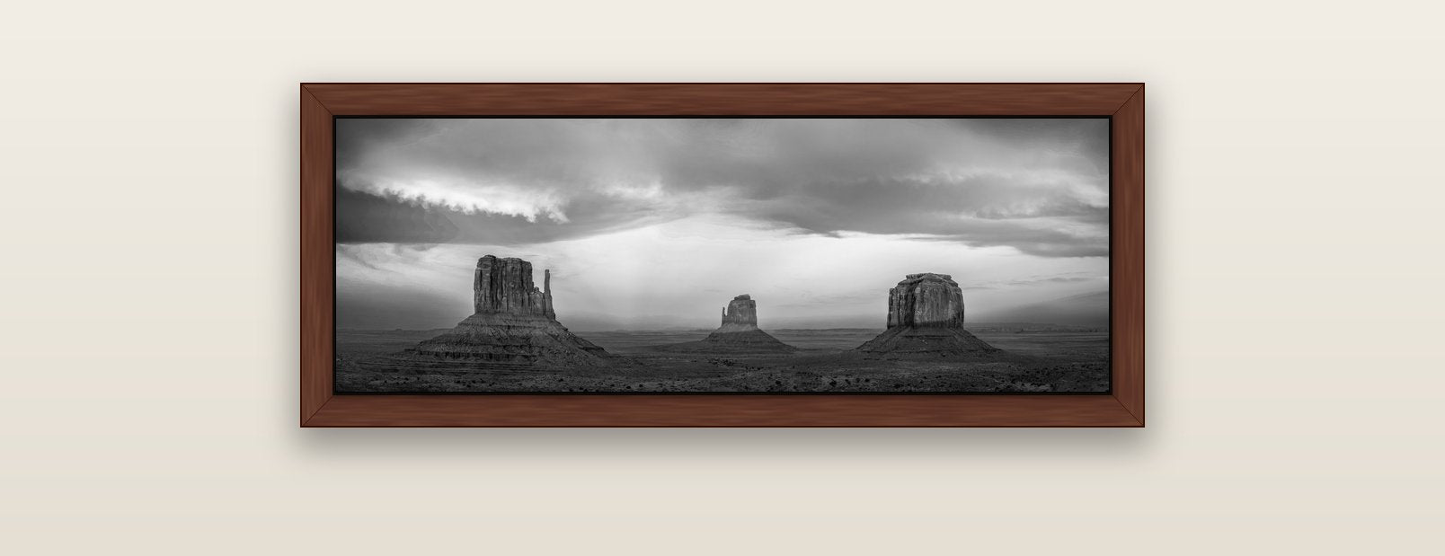 Majestic Guardians, Monument Valley Sunset Spectacle — brown float frame canvas, 91 × 31 cm. New Zealand fine art landscape wall art by Stephen Milner.